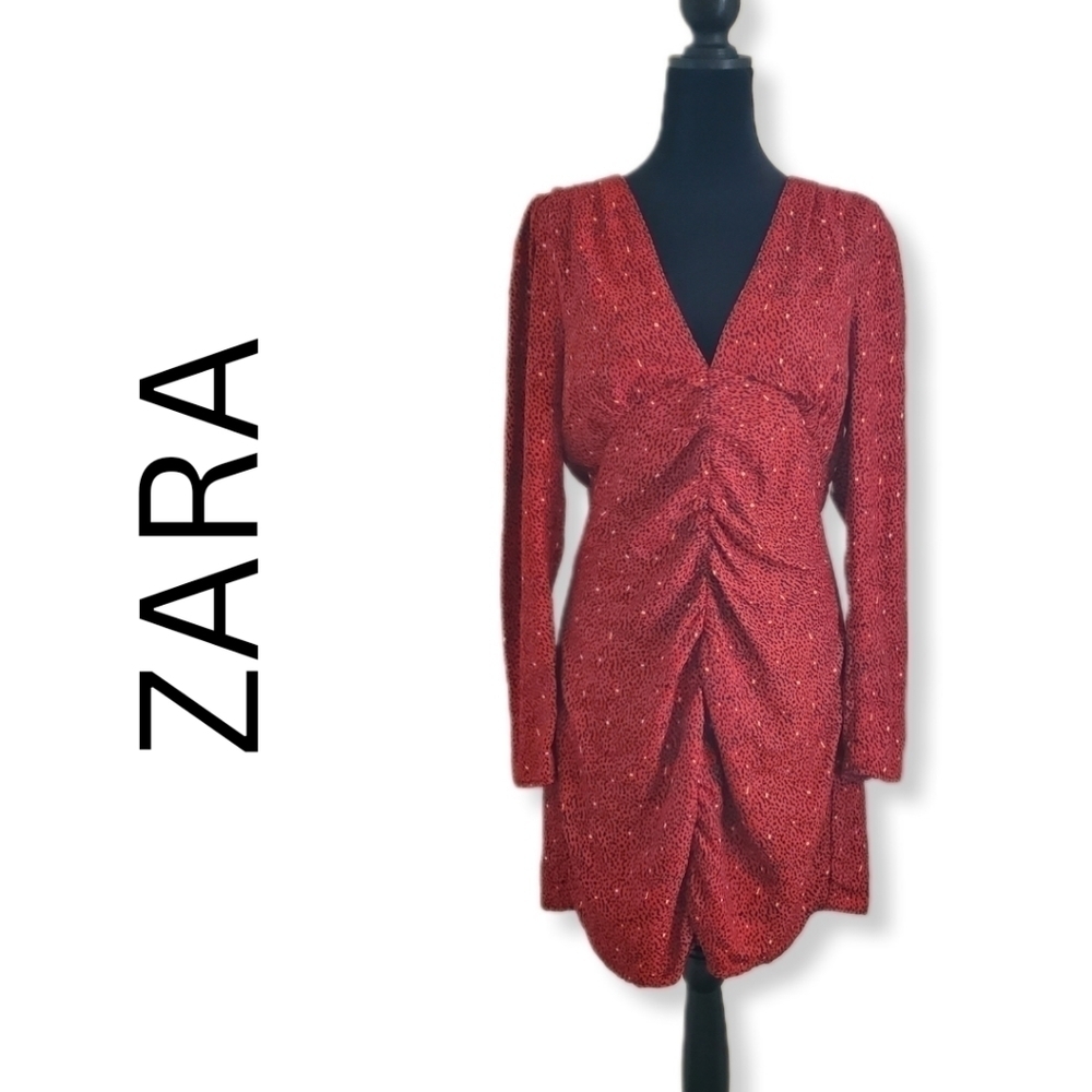 Zara Print Ruched Deep V-Neck Dress Sz L - Picture 1 of 8